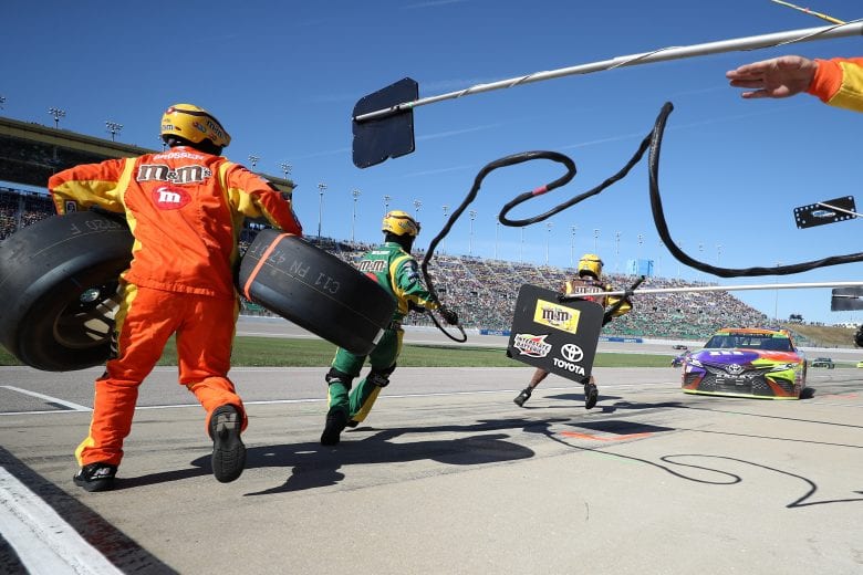 KANSAS CITY, KS - OCTOBER 21:  Kyle Busch, driver of the #18 M&M's Halloween Toyota, pits during the Monster Energy NASCAR Cup Series Hollywood Casino 400 at Kansas Speedway on October 21, 2018 in Kansas City, Kansas.  (Photo by Chris Graythen/Getty Images) | Getty Images