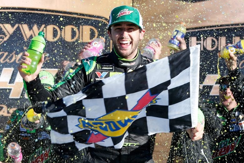 KANSAS CITY, KS - OCTOBER 21:  Chase Elliott, driver of the #9 Mountain Dew Chevrolet, celebrates in victory lane after winning the Monster Energy NASCAR Cup Series Hollywood Casino 400 at Kansas Speedway on October 21, 2018 in Kansas City, Kansas.  (Photo by Brian Lawdermilk/Getty Images) | Getty Images