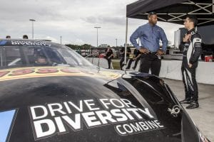 NEW SMYRNA BEACH, FL - OCTOBER 23: Jusan Hamilton, L, talks with Loris Hezemans, of the Netherlands, NASCAR Drive for Diversity Combine at New Smyrna Speedway on October 23, 2018 in New Smyrna Beach, Florida. (Photo by Brian Cleary/Getty Images) | Getty Images