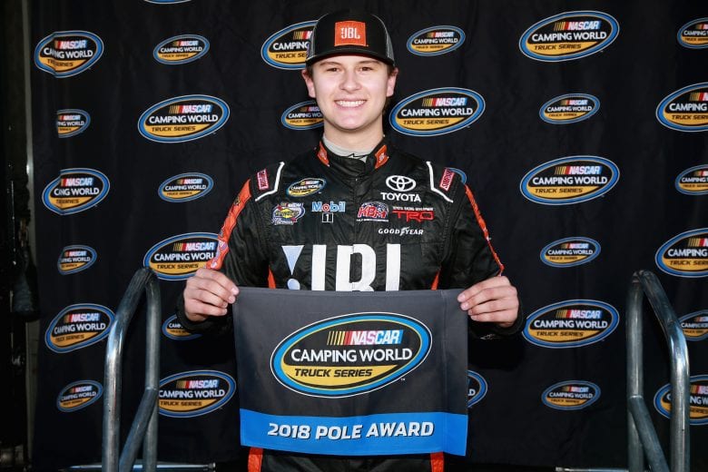 MARTINSVILLE, VA - OCTOBER 27: Todd Gilliland, driver of the #4 JBL/SiriusXM Toyota, poses with the Pole Award after posting the fastest lap during qualifying for the NASCAR Camping World Truck Series Texas Roadhouse 200 presented by Alpha Energy Solutions at Martinsville Speedway on October 27, 2018 in Martinsville, Virginia. (Photo by Sean Gardner/Getty Images) | Getty Images
