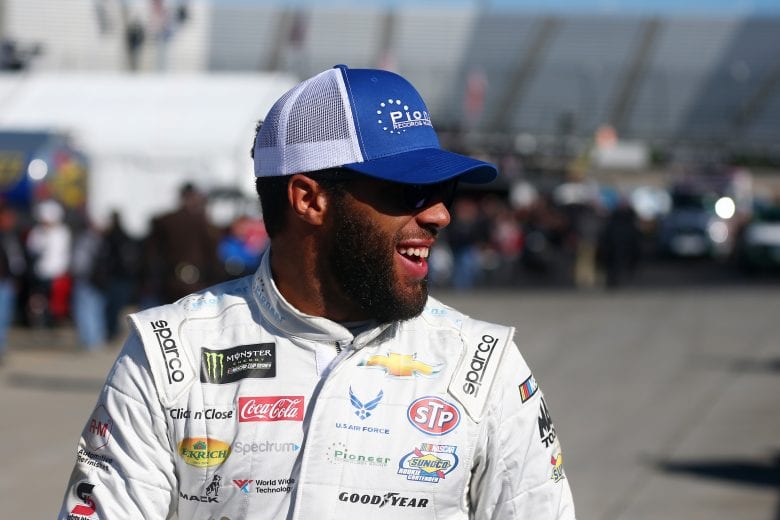 MARTINSVILLE, VA - OCTOBER 27: Bubba Wallace, driver of the #43 Pioneer Records Management Chevrolet, shares a smile during practice for the Monster Energy NASCAR Cup Series First Data 500 at Martinsville Speedway on October 27, 2018 in Martinsville, Virginia. (Photo by Sarah Crabill/Getty Images) | Getty Images