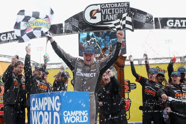 MARTINSVILLE, VA - OCTOBER 27: Johnny Sauter, driver of the #21 ISM Connect Chevrolet, celebrates in Victory Lane after winning the NASCAR Camping World Truck Series Texas Roadhouse 200 presented by Alpha Energy Solutions at Martinsville Speedway on October 27, 2018 in Martinsville, Virginia. (Photo by Brian Lawdermilk/Getty Images) | Getty Images