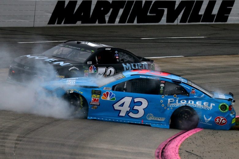 MARTINSVILLE, VA - OCTOBER 27: Bubba Wallace, driver of the #43 Pioneer Records Management Chevrolet, is involved in an on-track incident during qualifying for the Monster Energy NASCAR Cup Series First Data 500 at Martinsville Speedway on October 27, 2018 in Martinsville, Virginia. (Photo by Sarah Crabill/Getty Images) | Getty Images