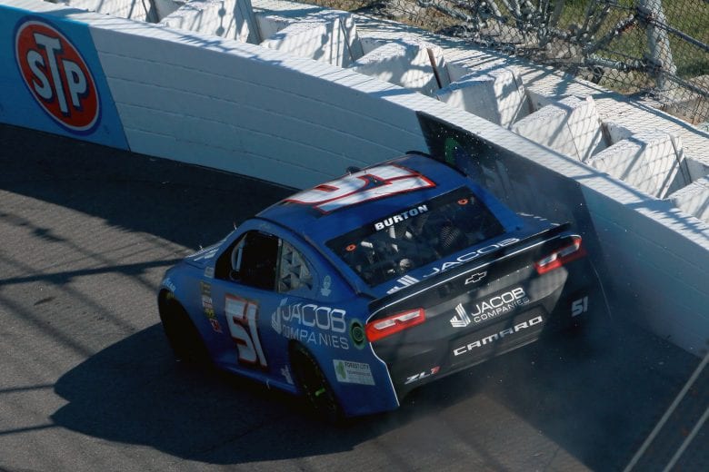 MARTINSVILLE, VA - OCTOBER 28: Jeb Burton, driver of the #51 Jacob Companies Chevrolet, is involved in an on-track incident during the Monster Energy NASCAR Cup Series First Data 500 at Martinsville Speedway on October 28, 2018 in Martinsville, Virginia. (Photo by Sean Gardner/Getty Images) | Getty Images