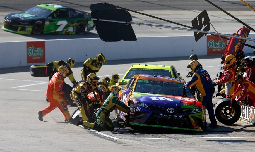 MARTINSVILLE, VA - OCTOBER 28: Kyle Busch, driver of the #18 M&M's Halloween Toyota, pits during the Monster Energy NASCAR Cup Series First Data 500 at Martinsville Speedway on October 28, 2018 in Martinsville, Virginia. (Photo by Brian Lawdermilk/Getty Images) | Getty Images