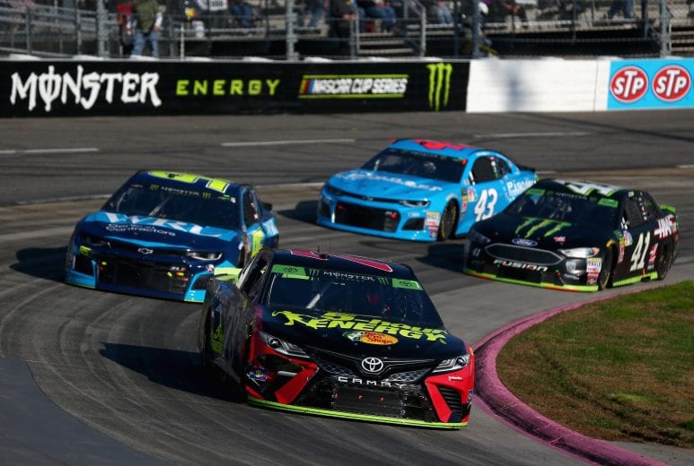 MARTINSVILLE, VA - OCTOBER 28: Martin Truex Jr., driver of the #78 5-hour ENERGY/Bass Pro Shops Toyota, leads a pack of cars during the Monster Energy NASCAR Cup Series First Data 500 at Martinsville Speedway on October 28, 2018 in Martinsville, Virginia. (Photo by Sarah Crabill/Getty Images) | Getty Images