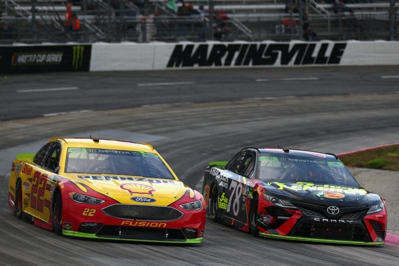 MARTINSVILLE, VA - OCTOBER 28:  Joey Logano, driver of the #22 Shell Pennzoil Ford, races Martin Truex Jr., driver of the #78 5-hour ENERGY/Bass Pro Shops Toyota, during the Monster Energy NASCAR Cup Series First Data 500 at Martinsville Speedway on October 28, 2018 in Martinsville, Virginia.  (Photo by Sarah Crabill/Getty Images) | Getty Images