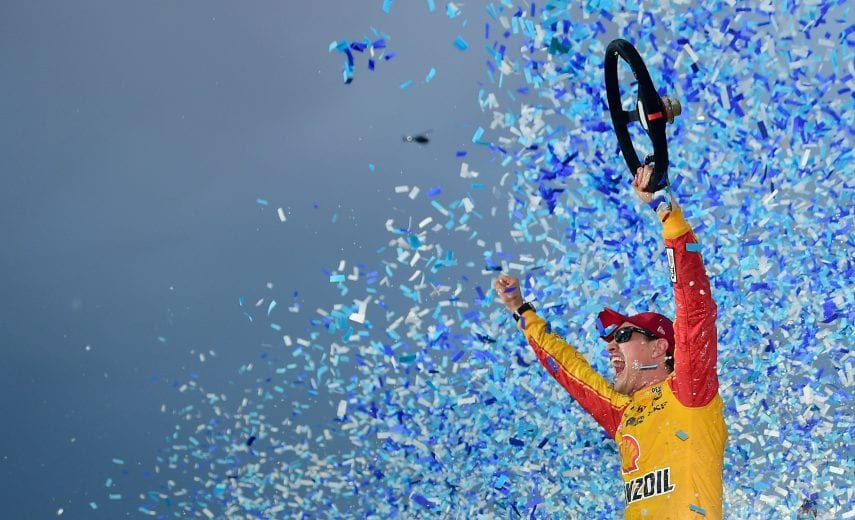 MARTINSVILLE, VA - OCTOBER 28:  Joey Logano, driver of the #22 Shell Pennzoil Ford, celebrates in Victory Lane after winning the Monster Energy NASCAR Cup Series First Data 500 at Martinsville Speedway on October 28, 2018 in Martinsville, Virginia.  (Photo by Jared C. Tilton/Getty Images) | Getty Images