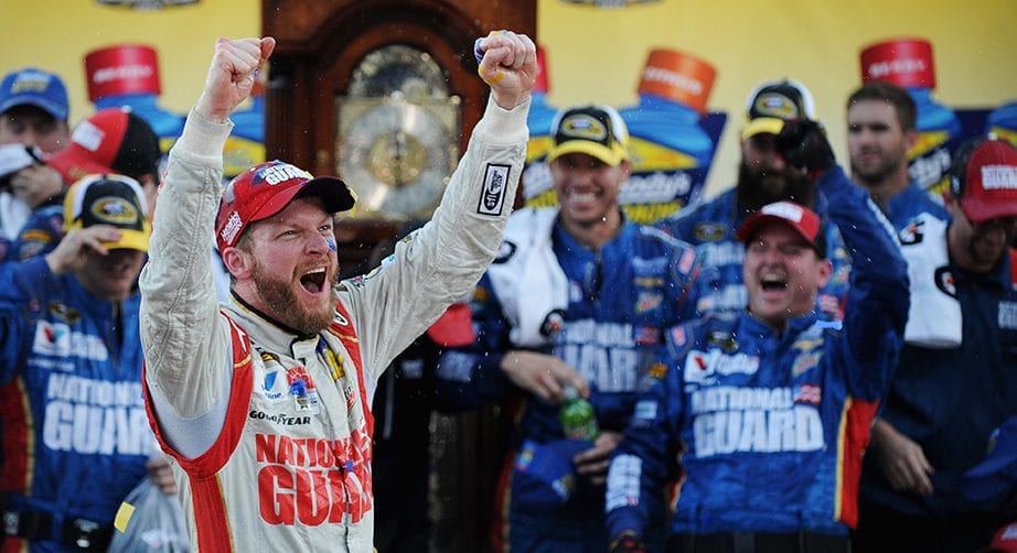 Dale Earnhardt Jr. celebrates winning at Martinsville in 2014.
