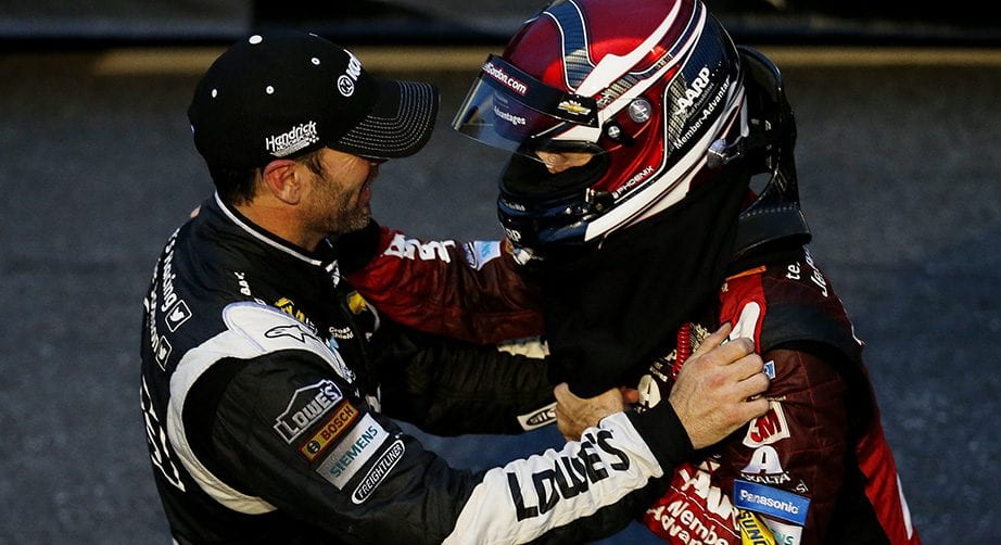 Jeff Gordon celebrates winning at Martinsville in 2015 with Jimmie Johnson.