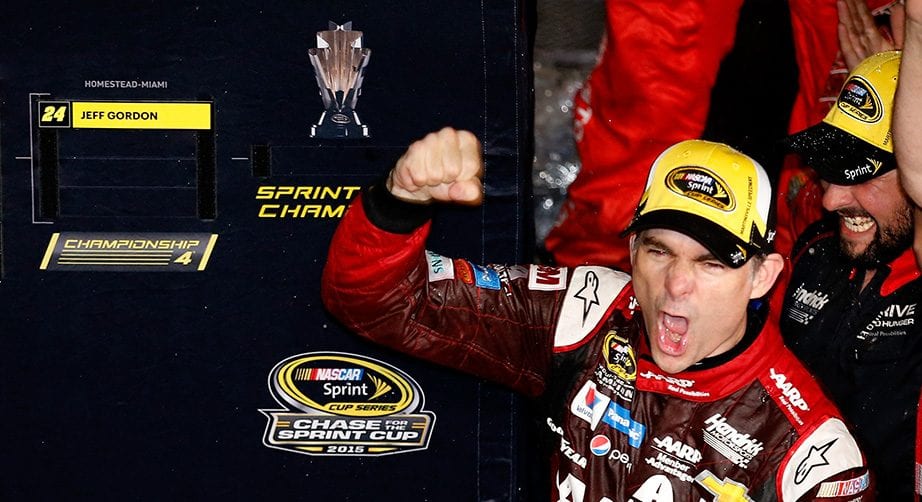 Jeff Gordon fist pumps after winning at Martinsville to lock himself into the Championship 4 in 2015.
