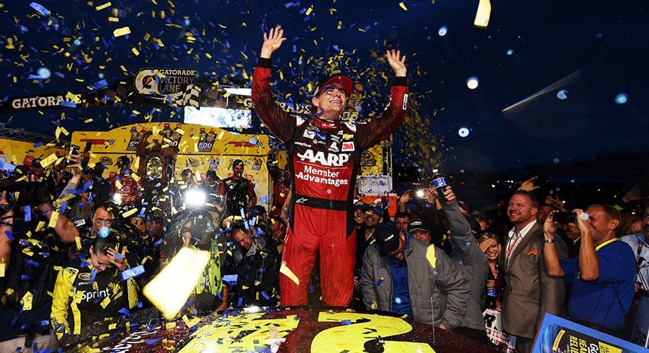 Jeff Gordon celebrates winning at Martinsville in 2015.