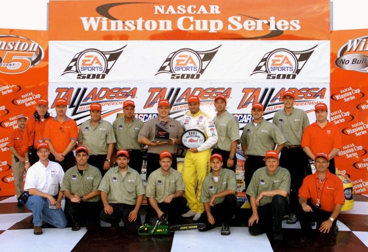 TALLADEGA, AL - OCTOBER 19:  Stacy Compton, driver of the #92 Mark Melling Racing Dodge Intrepid R/T, poses with his crew chief Chad Knaus, to the right of Compton, and his team after winning the pole for Sunday's EA Sports 500 on October 19, 2001 at the Talladega Superspeedway in Talladega, Alabama.  (Photo by Jamie Squire/Getty Images)