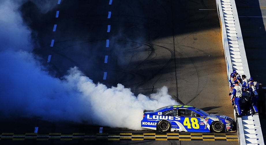 Jimmie Johnson performs a burnout at Martinsville.