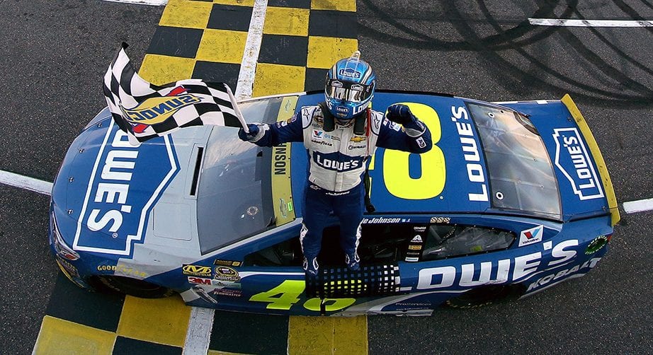 Jimmie Johnson celebrates winning at Martinsville in 2016.