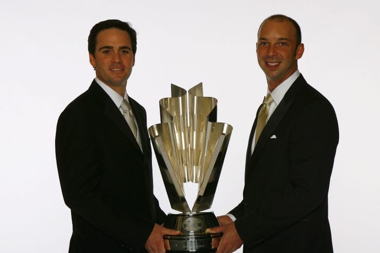 NEW YORK - DECEMBER 01:  (L-R) Jimmie Johnson, the 2006 NASCAR Nextel Cup Series Champion, and his crew chief Chad Knaus, with the Nextel Cup trophy, at the NASCAR Nextel Cup Series Awards Ceremony at the Waldorf Astoria Hotel, on December 1, 2006 in New York City  (Photo by Rusty Jarrett/Getty Images for NASCAR) | Getty Images