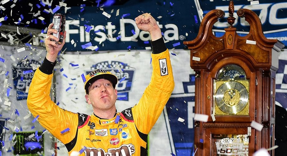 Kyle Busch celebrates in Victory Lane after winning at Martinsville in 2017.