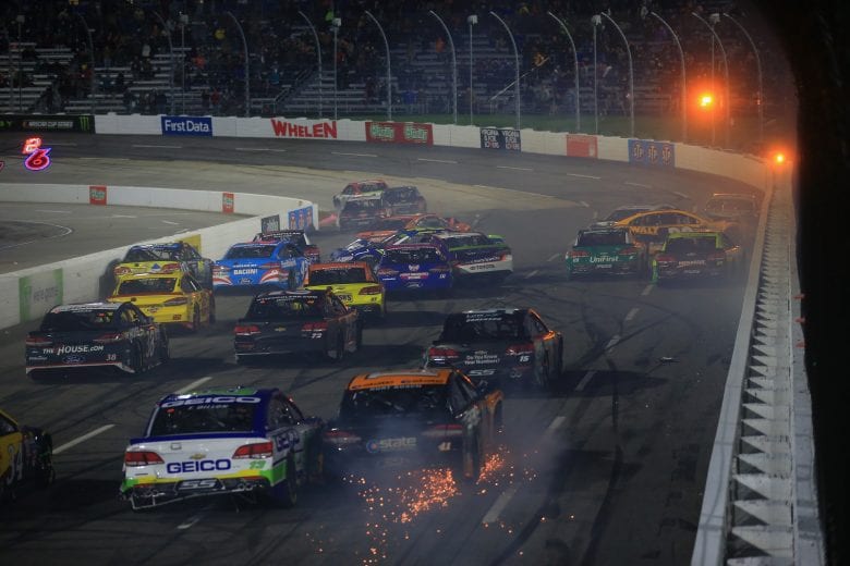 MARTINSVILLE, VA - OCTOBER 29:  Cars wreck on the last lap of the Monster Energy NASCAR Cup Series First Data 500 at Martinsville Speedway on October 29, 2017 in Martinsville, Virginia.  (Photo by Chris Trotman/Getty Images) | Getty Images