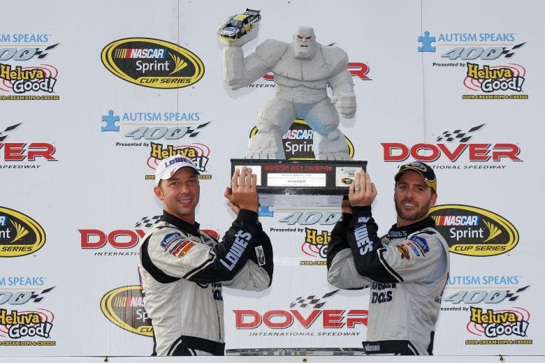 DOVER, DE - MAY 31:  Jimmie Johnson (R), driver of the #48 Lowe's/KOBALT Tools Chevrolet, poses with crew chief Chad Knaus in victory lane after winning the NASCAR Sprint Cup Series Autism Speaks 400 at Dover International Speedway on May 31, 2009 in Dover, Delaware.  (Photo by Jason Smith/Getty Images for NASCAR) | Getty Images