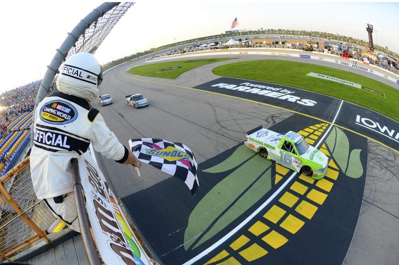 NEWTON, IA - JUNE 16:  Brett Moffitt, driver of the #16 Destiny Homes Toyota, crosses the finish line to win the NASCAR Camping World Truck Series M&M's 200 presented by Casey's General Store 200 at Iowa Speedway on June 16, 2018 in Newton, Iowa. (Photo by Robert Laberge/Getty Images) | Getty Images