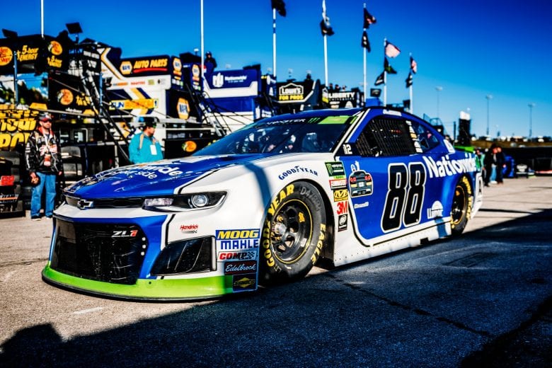 Alex Bowman drives out of the garage at Kansas.