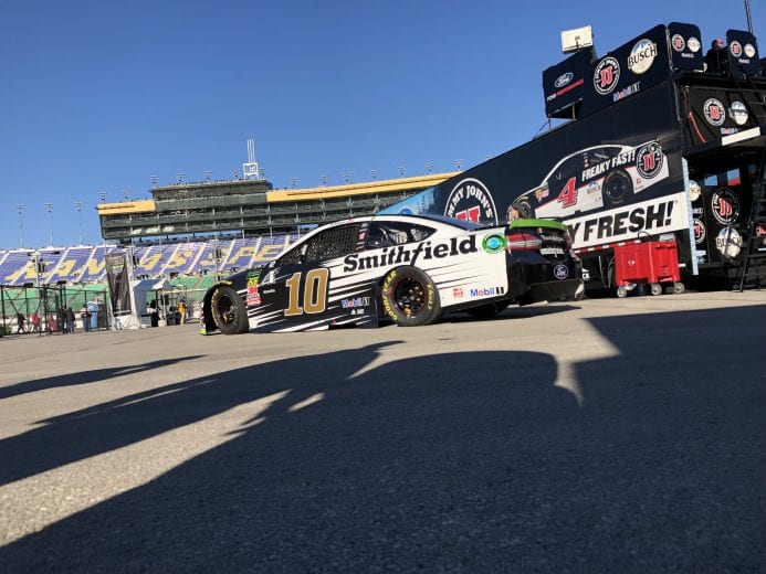 Aric Almirola rolls out of the garage for practice at Kansas.