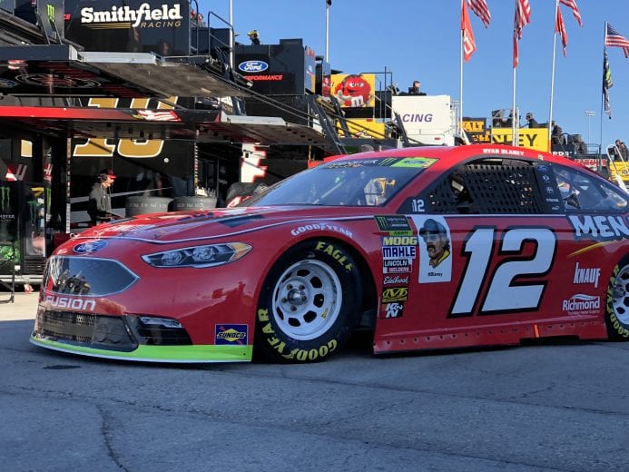 Ryan Blaney rolls out of the garage for practice at Kansas.