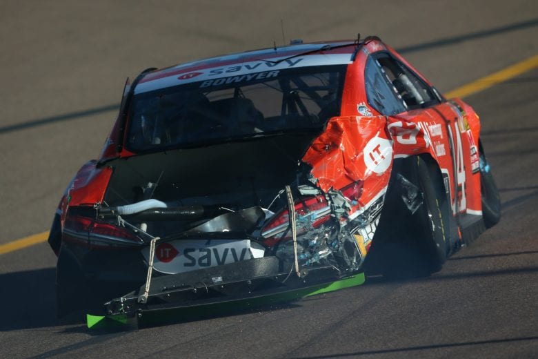 PHOENIX, AZ - NOVEMBER 11:  Clint Bowyer, driver of the #14 ITsavvy Ford, is involved in an on-track incident during the Monster Energy NASCAR Cup Series Can-Am 500 at ISM Raceway on November 11, 2018 in Phoenix, Arizona.  (Photo by Sarah Crabill/Getty Images) | Getty Images