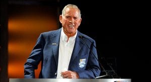 David Pearson speaks at the podium during the induction ceremony for the NASCAR Hall of Fame Class of 2011.