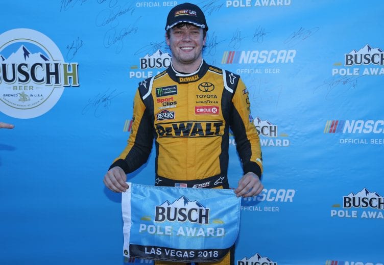LAS VEGAS, NV - SEPTEMBER 14: Erik Jones, driver of the #20 DeWalt Toyota, poses with the Busch Pole award after qualifying for the Monster Energy NASCAR Series South Point Hotel and Casino 400 at Las Vegas Motor Speedway on September 14, 2018 in Las Vegas, Nevada. (Photo by Matt Sullivan/Getty Images) | Getty Images