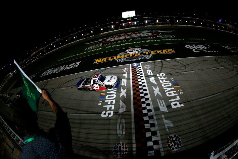 FORT WORTH, TX - NOVEMBER 02: Johnny Sauter, driver of the #21 ISM Connect Chevrolet, leads the field to the green flag to start the NASCAR Camping World Truck Series JAG Metals 350 at Texas Motor Speedway on November 2, 2018 in Fort Worth, Texas. (Photo by Matt Sullivan/Getty Images) | Getty Images