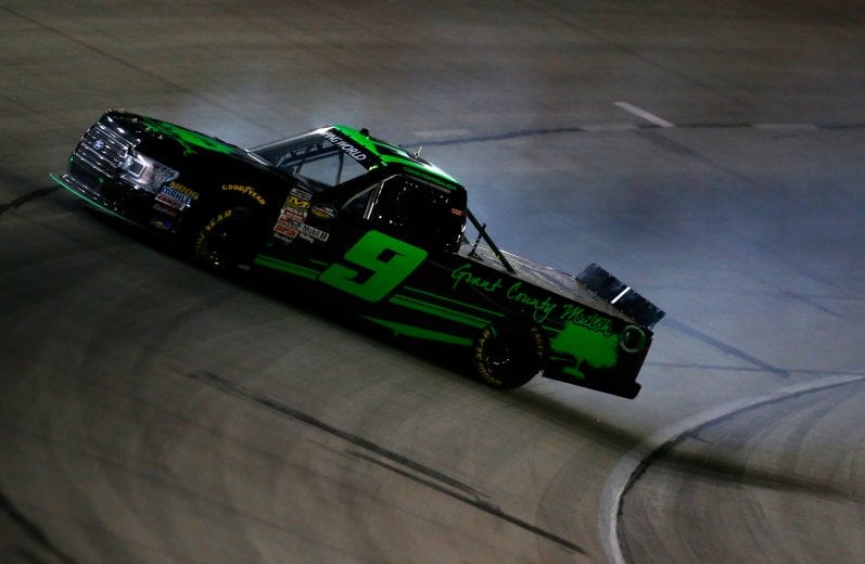 FORT WORTH, TX - NOVEMBER 02: Codie Rohrbaugh, driver of the #9 Grant County Mulch Ford, spins during the NASCAR Camping World Truck Series JAG Metals 350 at Texas Motor Speedway on November 2, 2018 in Fort Worth, Texas. (Photo by Matt Sullivan/Getty Images) | Getty Images
