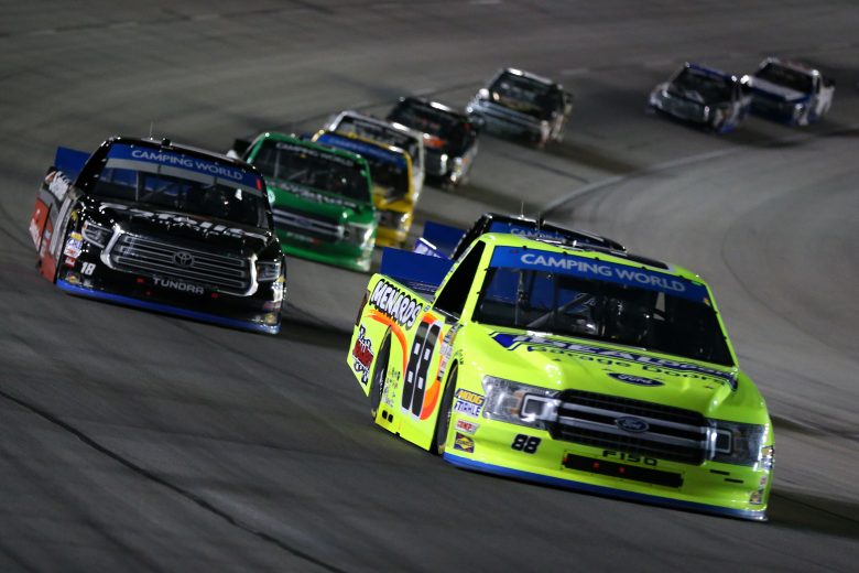 FORT WORTH, TX - NOVEMBER 02: Matt Crafton, driver of the #88 Ideal Door/Menards Ford, leads a pack of cars during the NASCAR Camping World Truck Series JAG Metals 350 at Texas Motor Speedway on November 2, 2018 in Fort Worth, Texas. (Photo by Matt Sullivan/Getty Images) | Getty Images