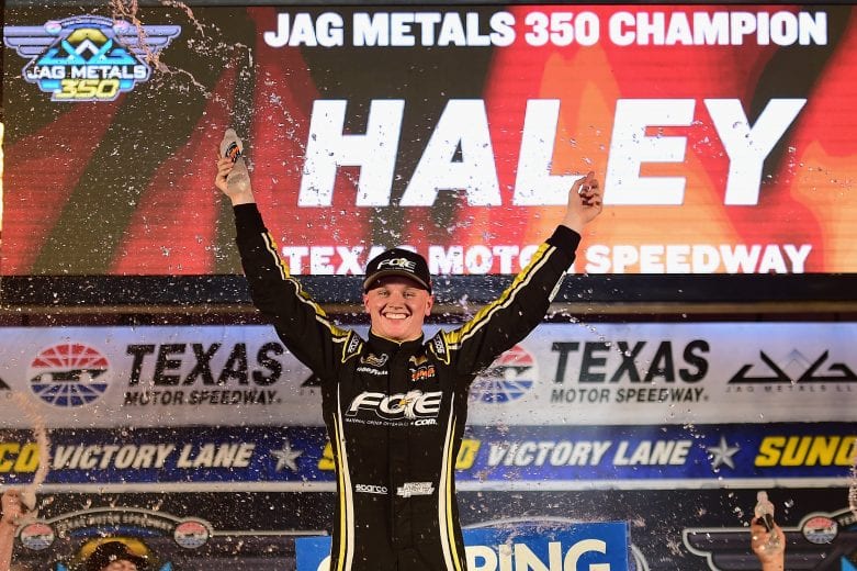 FORT WORTH, TX - NOVEMBER 02: Justin Haley, driver of the #24 Fraternal Order Of Eagles Chevrolet, celebrates in Victory Lane after winning the NASCAR Camping World Truck Series JAG Metals 350 at Texas Motor Speedway on November 2, 2018 in Fort Worth, Texas. (Photo by Jared C. Tilton/Getty Images) | Getty Images