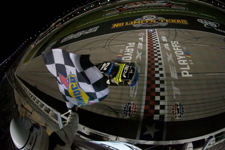 FORT WORTH, TX - NOVEMBER 02: Justin Haley, driver of the #24 Fraternal Order Of Eagles Chevrolet, takes the checkered flag to win the NASCAR Camping World Truck Series JAG Metals 350 at Texas Motor Speedway on November 2, 2018 in Fort Worth, Texas. (Photo by Matt Sullivan/Getty Images) | Getty Images