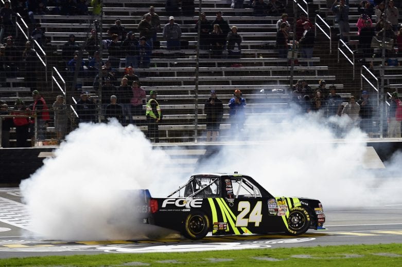 FORT WORTH, TX - NOVEMBER 02: Justin Haley, driver of the #24 Fraternal Order Of Eagles Chevrolet, celebrates with a burnout after winning the NASCAR Camping World Truck Series JAG Metals 350 at Texas Motor Speedway on November 2, 2018 in Fort Worth, Texas. (Photo by Jared C. Tilton/Getty Images) | Getty Images