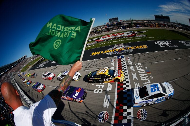 FORT WORTH, TX - NOVEMBER 04: Ryan Blaney, driver of the #12 Accella/Carlisle Ford, leads the field to green to start during the Monster Energy NASCAR Cup Series AAA Texas 500 at Texas Motor Speedway on November 4, 2018 in Fort Worth, Texas. (Photo by Matt Sullivan/Getty Images) | Getty Images