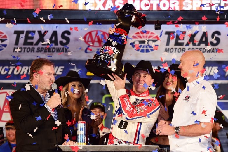 FORT WORTH, TX - NOVEMBER 04: Kevin Harvick, driver of the #4 Mobil 1 Ford, celebrates in victory lane after winning the Monster Energy NASCAR Cup Series AAA Texas 500 at Texas Motor Speedway on November 4, 2018 in Fort Worth, Texas. (Photo by Jared C. Tilton/Getty Images) | Getty Images