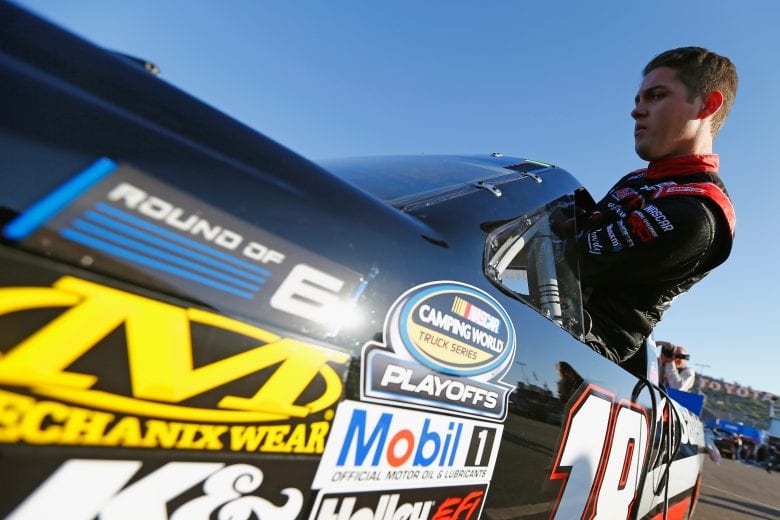 PHOENIX, AZ - NOVEMBER 09:  Noah Gragson, driver of the #18 Safelite AutoGlass Toyota, climbs into his truck during practice for the NASCAR Camping World Truck Series Lucas Oil 150 at ISM Raceway on November 9, 2018 in Phoenix, Arizona.  (Photo by Jonathan Ferrey/Getty Images) | Getty Images