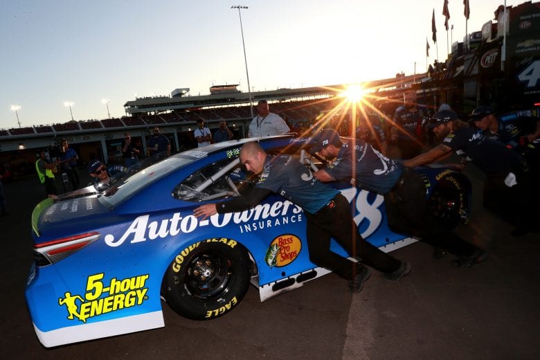 PHOENIX, AZ - NOVEMBER 09:  Crew members push the #78 Auto-Owners Insurance Toyota, driven by Martin Truex Jr., out to qualifying for the Monster Energy NASCAR Cup Series Can-Am 500 at ISM Raceway on November 9, 2018 in Phoenix, Arizona.  (Photo by Sean Gardner/Getty Images) | Getty Images