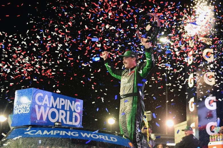 PHOENIX, AZ - NOVEMBER 09:  Brett Moffitt, driver of the #16 KOBE Toyopet Toyota, celebrates in Victory Lane after winning the NASCAR Camping World Truck Series Lucas Oil 150 at ISM Raceway on November 9, 2018 in Phoenix, Arizona.  (Photo by Jared C. Tilton/Getty Images) | Getty Images