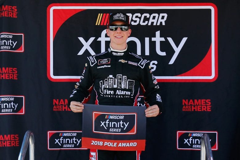 PHOENIX, AZ - NOVEMBER 10:  John Hunter Nemechek, driver of the #42 Fire Alarm Services Inc. Chevrolet, poses with the Pole Award after posting the fastest lap during qualifying for the NASCAR Xfinity Series Whelen Trusted To Perform 200 at ISM Raceway on November 10, 2018 in Phoenix, Arizona.  (Photo by Jonathan Ferrey/Getty Images) | Getty Images