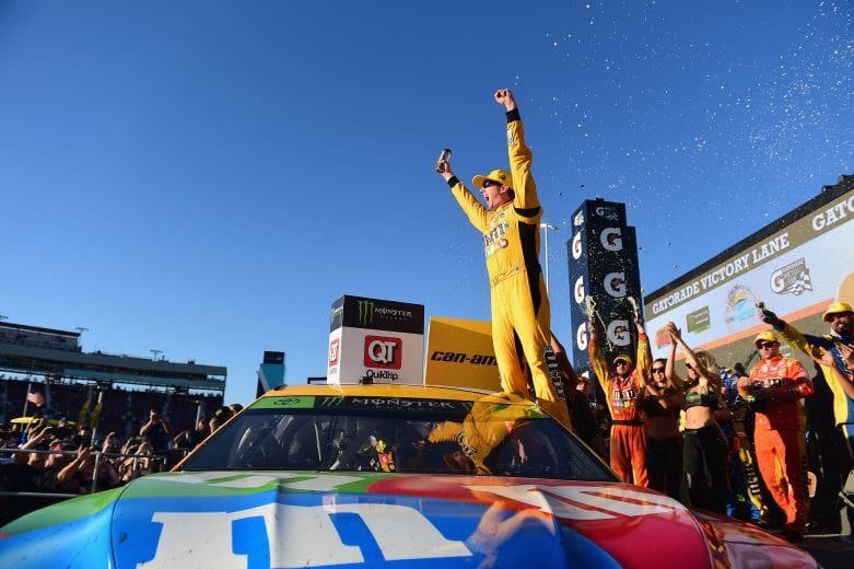 PHOENIX, AZ - NOVEMBER 11:  Kyle Busch, driver of the #18 M&M's Toyota, celebrates in Victory Lane after winning the Monster Energy NASCAR Cup Series Can-Am 500 at ISM Raceway on November 11, 2018 in Phoenix, Arizona.  (Photo by Jared C. Tilton/Getty Images) | Getty Images