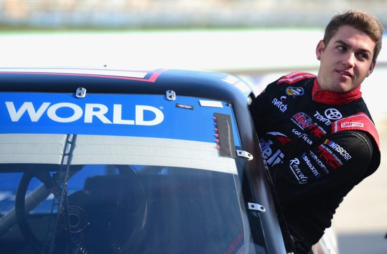 HOMESTEAD, FL - NOVEMBER 16:  Noah Gragson, driver of the #18 Safelite AutoGlass Toyota, climbs into his truck during practice for the NASCAR Camping World Truck Series Ford EcoBoost 200 at Homestead-Miami Speedway on November 16, 2018 in Homestead, Florida.  (Photo by Jared C. Tilton/Getty Images) | Getty Images