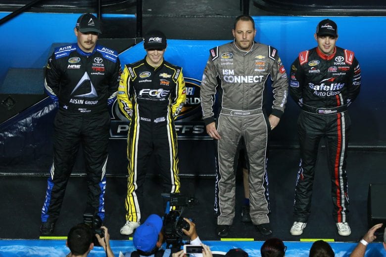 HOMESTEAD, FL - NOVEMBER 16:  Brett Moffitt, driver of the #16 AISIN Group Toyota,, Justin Haley, driver of the #24 Fraternal Order Of Eagles Chevrolet, Johnny Sauter, driver of the #21 ISM Connect Chevrolet, and Noah Gragson, driver of the #18 Safelite AutoGlass Toyota, are introduced during pre-race ceremonies for the NASCAR Camping World Truck Series Ford EcoBoost 200 at Homestead-Miami Speedway on November 16, 2018 in Homestead, Florida.  (Photo by Sean Gardner/Getty Images) | Getty Images