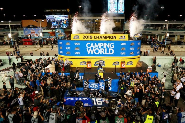 HOMESTEAD, FL - NOVEMBER 16:  Brett Moffitt, driver of the #16 AISIN Group Toyota, celebrates in victory lane after winning the NASCAR Camping World Truck Series Ford EcoBoost 200 and the NASCAR Camping World Truck Series Championship at Homestead-Miami Speedway on November 16, 2018 in Homestead, Florida.  (Photo by Sean Gardner/Getty Images) | Getty Images