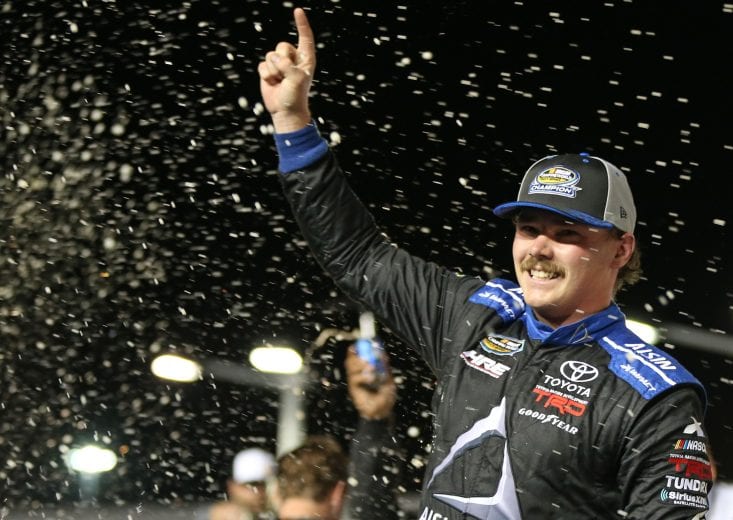 HOMESTEAD, FL - NOVEMBER 16:  Brett Moffitt, driver of the #16 AISIN Group Toyota, celebrates in victory lane after winning the NASCAR Camping World Truck Series Ford EcoBoost 200 and the NASCAR Camping World Truck Series Championship at Homestead-Miami Speedway on November 16, 2018 in Homestead, Florida.  (Photo by Matt Sullivan/Getty Images) | Getty Images