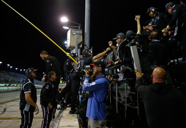 HOMESTEAD, FL - NOVEMBER 16:  Crew member of Brett Moffitt, driver of the #16 AISIN Group Toyota, celebrate after winning the NASCAR Camping World Truck Series Ford EcoBoost 200 and the NASCAR Camping World Truck Series Championship at Homestead-Miami Speedway on November 16, 2018 in Homestead, Florida.  (Photo by Matt Sullivan/Getty Images) | Getty Images