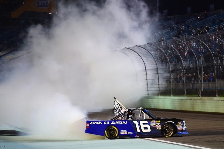 HOMESTEAD, FL - NOVEMBER 16:  Brett Moffitt, driver of the #16 AISIN Group Toyota, celebrates with a burnout after winning the NASCAR Camping World Truck Series Ford EcoBoost 200 and the NASCAR Camping World Truck Series Championship at Homestead-Miami Speedway on November 16, 2018 in Homestead, Florida.  (Photo by Jared C. Tilton/Getty Images) | Getty Images