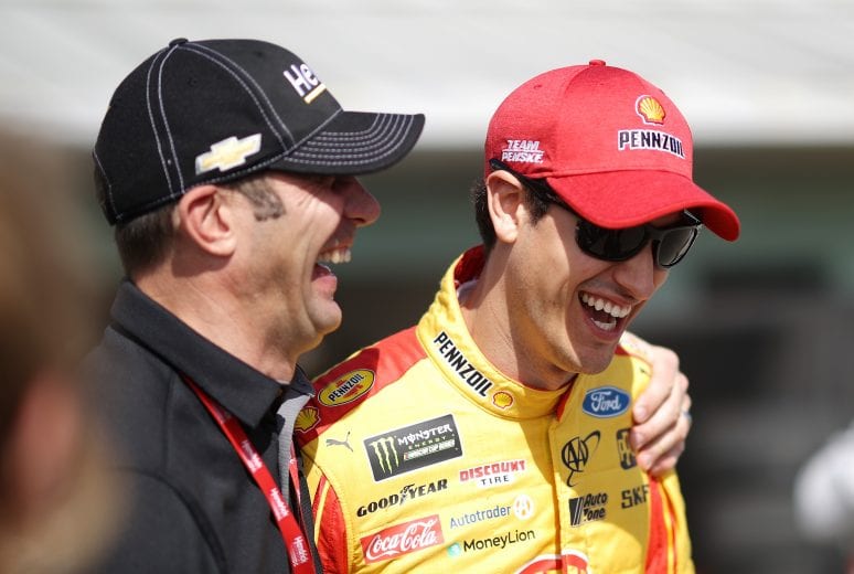 HOMESTEAD, FL - NOVEMBER 17:  Joey Logano, driver of the #22 Shell Pennzoil Ford, speaks with Max Papis during practice for the Monster Energy NASCAR Cup Series Ford EcoBoost 400 at Homestead-Miami Speedway on November 17, 2018 in Homestead, Florida.  (Photo by Chris Graythen/Getty Images) | Getty Images